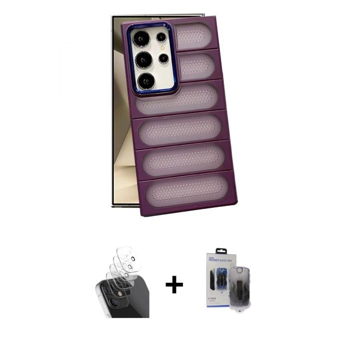 MARSİLYAN™- Galaxy S24 Ultra Kılıf Yadigar Doku Özel Seri - Siyah Vanessa Magic Hayalet Cam + Kamera Lens Koruma Cam - SF