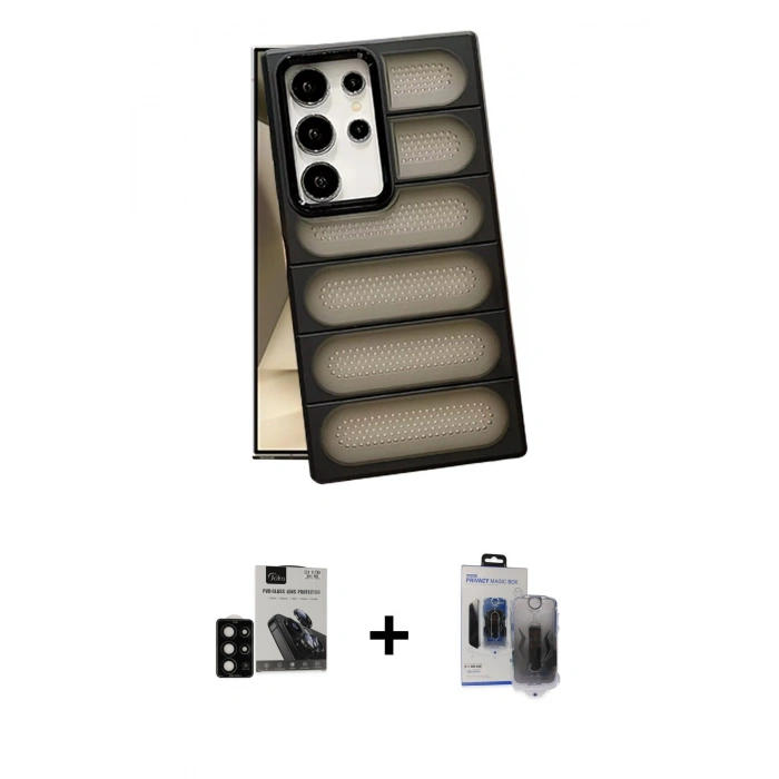MARSİLYAN™- Galaxy S24 Ultra Kılıf Yadigar Doku Özel Seri - Siyah Vanessa Magic Hayalet Cam + PVD Metal Kamera Lens - SH