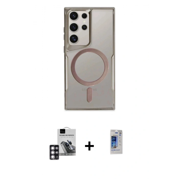 MARSİLYAN™- Galaxy S24 Ultra Kılıf Yadigar Klasik Özel Seri - Siyah Durable Full Glue Curved Hayalet Cam + Pembe PVD Metal Kamera Lens
