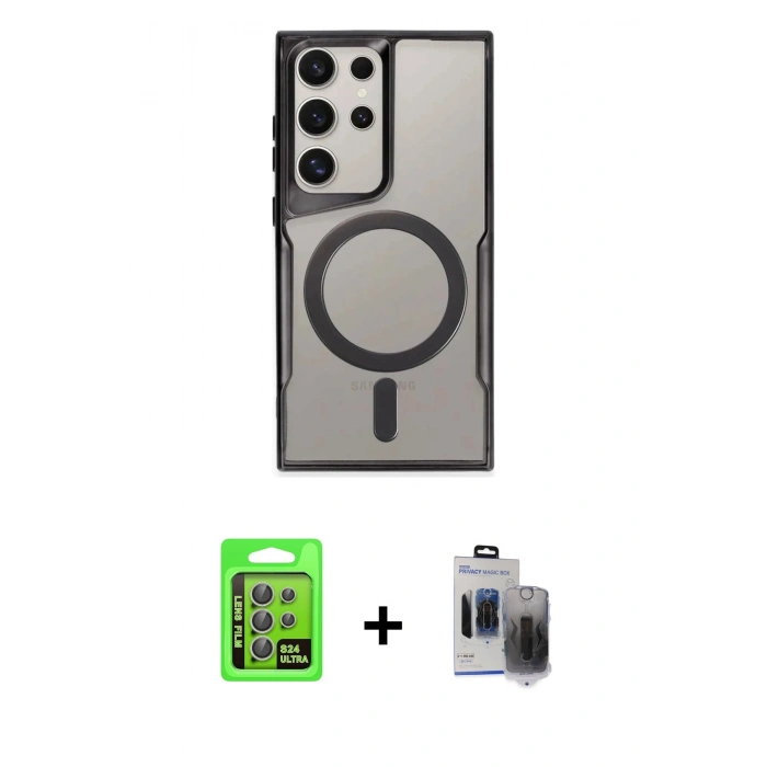 MARSİLYAN™- Galaxy S24 Ultra Kılıf Yadigar Klasik Özel Seri - Siyah Vanessa Magic Hayalet Cam + Raze Metal Kamera Lens - GI