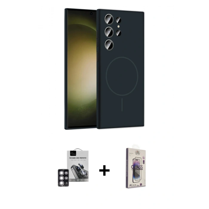 MARSİLYAN™- Galaxy S24 Ultra Kılıf Yankı Form Serisi - Siyah Bilvis 3D Cam Ekran Koruyucu + PVD Metal Kamera Lens - PE