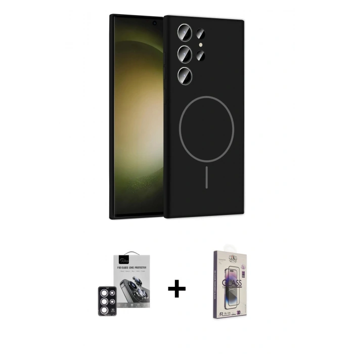 MARSİLYAN™- Galaxy S24 Ultra Kılıf Yankı Form Serisi - Siyah Bilvis 3D Cam Ekran Koruyucu + PVD Metal Kamera Lens - PE