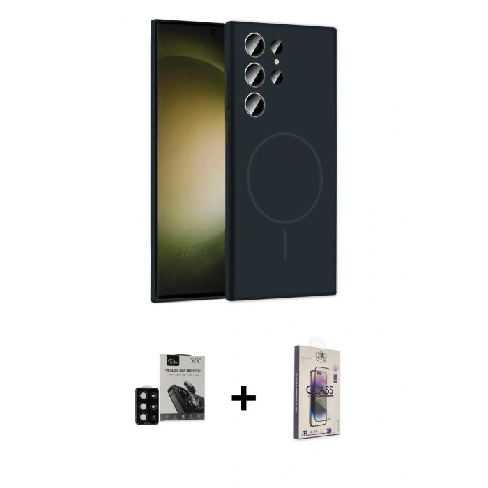 MARSİLYAN™- Galaxy S24 Ultra Kılıf Yankı Form Serisi - Siyah Bilvis 3D Cam Ekran Koruyucu + PVD Metal Kamera Lens - SH