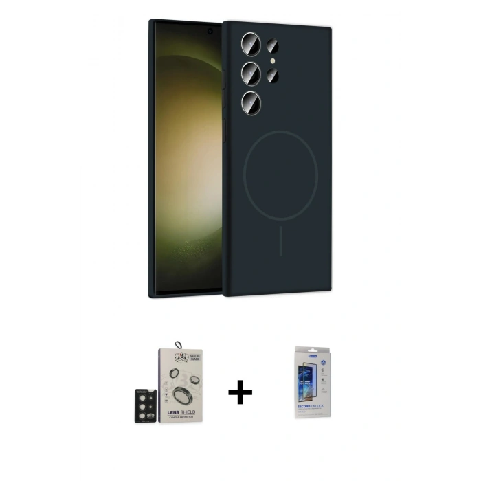 MARSİLYAN™- Galaxy S24 Ultra Kılıf Yankı Form Serisi - Siyah Durable Full Glue Curved Cam + Bilvis Titan Kamera Lens - SH