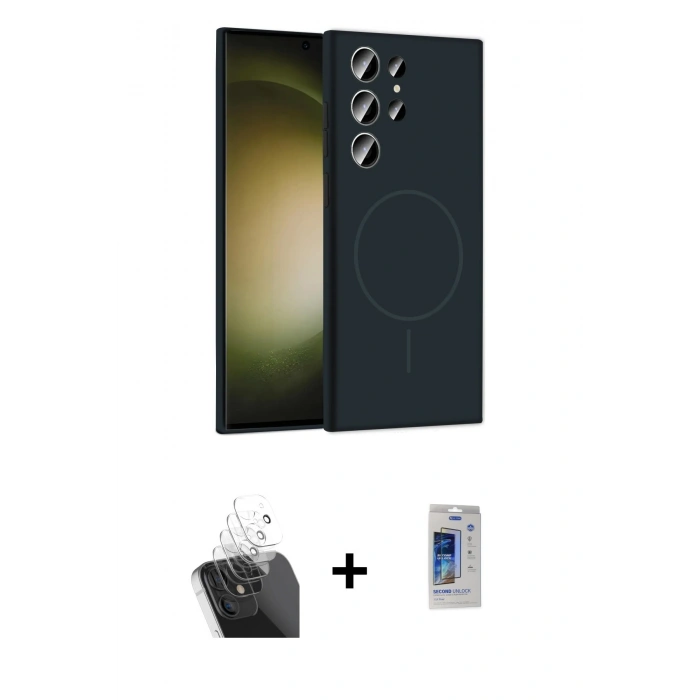 MARSİLYAN™- Galaxy S24 Ultra Kılıf Yankı Form Serisi - Siyah Durable Full Glue Curved Cam + Kamera Lens Koruma Cam - SF