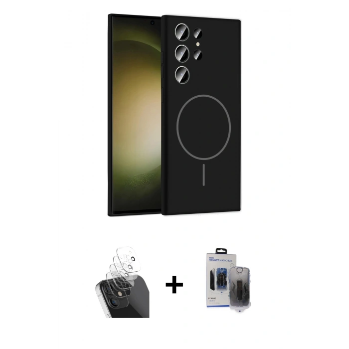 MARSİLYAN™- Galaxy S24 Ultra Kılıf Yankı Form Serisi - Siyah Vanessa Magic Hayalet Cam + Kamera Lens Koruma Cam - SF