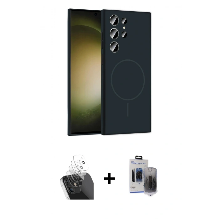 MARSİLYAN™- Galaxy S24 Ultra Kılıf Yankı Form Serisi - Siyah Vanessa Magic Hayalet Cam + Kamera Lens Koruma Cam - SF