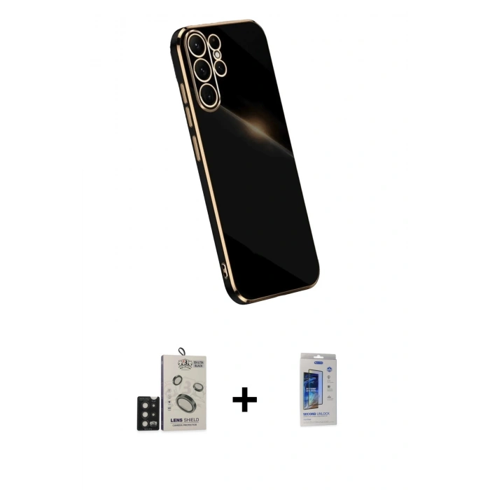 MARSİLYAN™- Galaxy S24 Ultra Kılıf Yankı Serisi - Siyah Durable Full Glue Curved Cam + Bilvis Titan Kamera Lens - SH