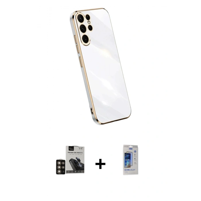 MARSİLYAN™- Galaxy S24 Ultra Kılıf Yankı Serisi - Siyah Durable Full Glue Curved Cam + PVD Metal Kamera Lens - GD
