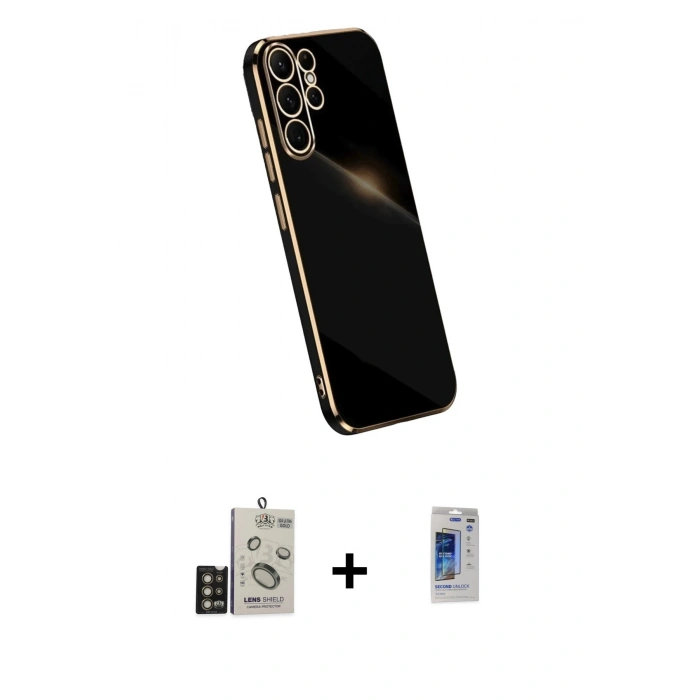 MARSİLYAN™- Galaxy S24 Ultra Kılıf Yankı Serisi - Siyah Durable Full Glue Curved Hayalet Cam + Bilvis Titan Kamera Lens - GD