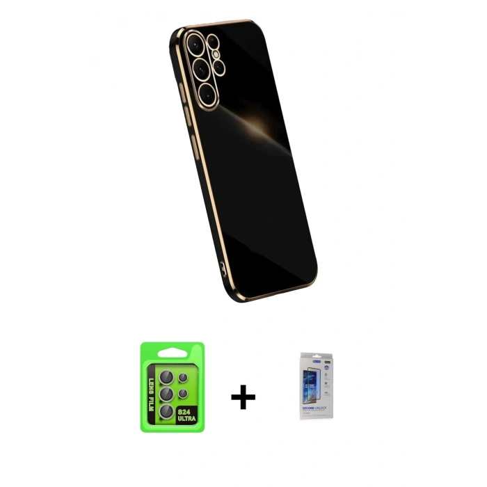 MARSİLYAN™- Galaxy S24 Ultra Kılıf Yankı Serisi - Siyah Durable Full Glue Curved Hayalet Cam + Raze Metal Kamera Lens - GI