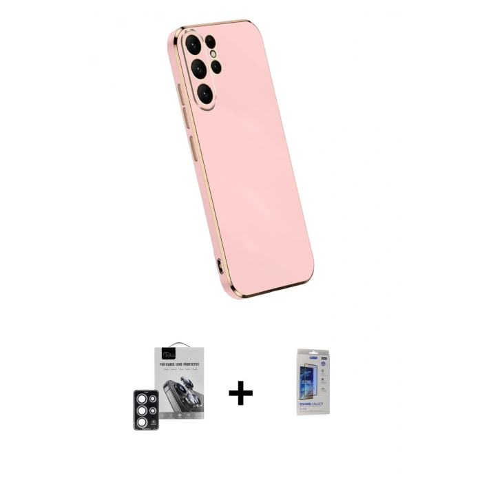 MARSİLYAN™- Galaxy S24 Ultra Kılıf Yankı Serisi - Siyah Durable Full Glue Curved Hayalet Cam + Pembe PVD Metal Kamera Lens