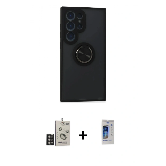 MARSİLYAN™- Galaxy S24 Ultra Kılıf Yörünge Çizgi - Siyah Durable Full Glue Curved Cam + Bilvis Titan Kamera Lens - DNMR