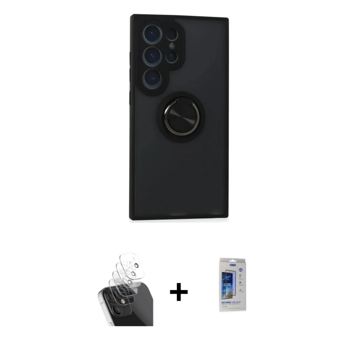 MARSİLYAN™- Galaxy S24 Ultra Kılıf Yörünge Çizgi - Siyah Durable Full Glue Curved Cam + Kamera Lens Koruma Cam - SF