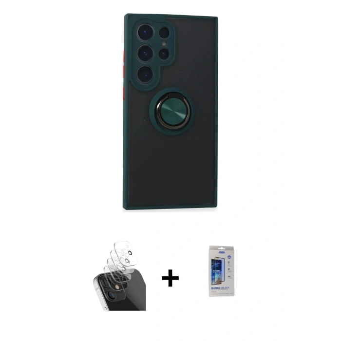 MARSİLYAN™- Galaxy S24 Ultra Kılıf Yörünge Çizgi - Siyah Durable Full Glue Curved Cam + Kamera Lens Koruma Cam - SF