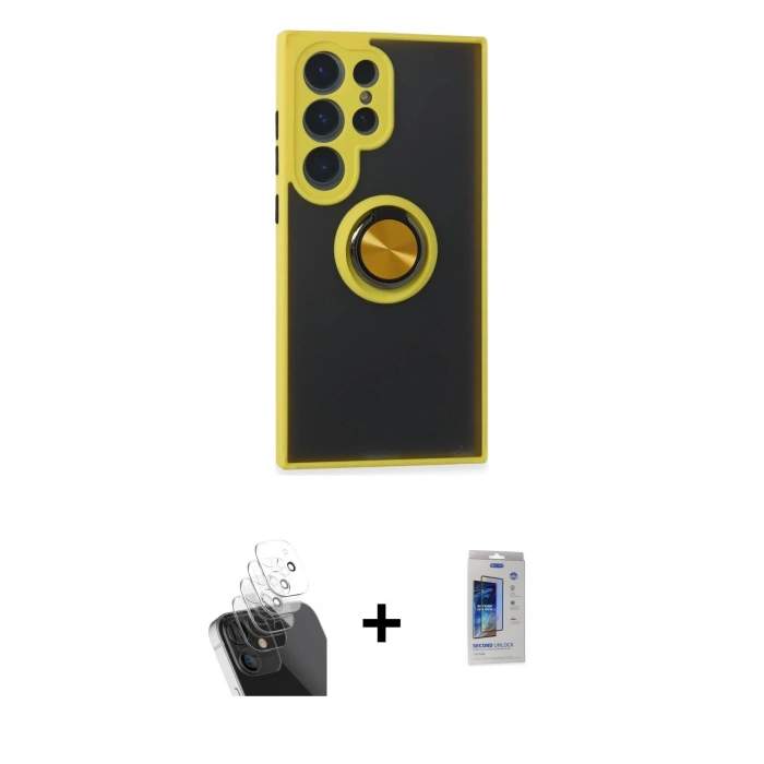 MARSİLYAN™- Galaxy S24 Ultra Kılıf Yörünge Çizgi - Siyah Durable Full Glue Curved Cam + Kamera Lens Koruma Cam - SF