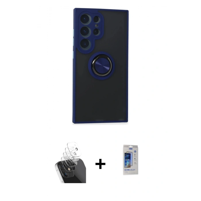 MARSİLYAN™- Galaxy S24 Ultra Kılıf Yörünge Çizgi - Siyah Durable Full Glue Curved Cam + Kamera Lens Koruma Cam - SF