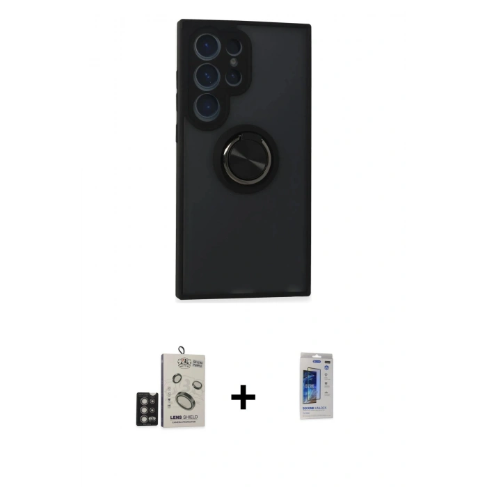 MARSİLYAN™- Galaxy S24 Ultra Kılıf Yörünge Çizgi - Siyah Durable Full Glue Curved Hayalet Cam + Bilvis Titan Kamera Lens - DNMR