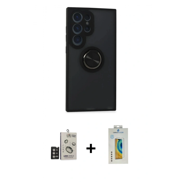 MARSİLYAN™- Galaxy S24 Ultra Kılıf Yörünge Çizgi - Siyah Polymer Nano Ekran Koruyucu + Bilvis Titan Kamera Lens - DNMR