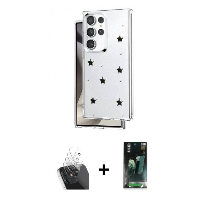 MARSİLYAN™- Galaxy S24 Ultra Kılıf Yörünge Form - Siyah 360 Mat Full Body Arka Koruyucu + Kamera Lens Koruma Cam - SF