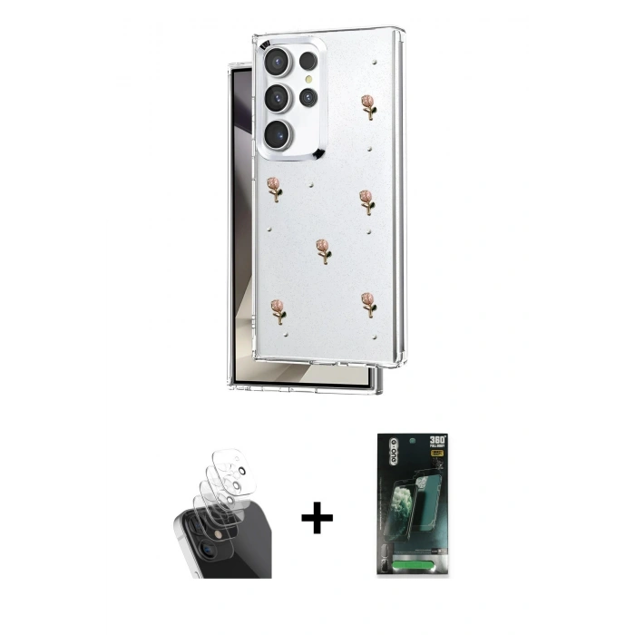 MARSİLYAN™- Galaxy S24 Ultra Kılıf Yörünge Form - Siyah 360 Mat Full Body Arka Koruyucu + Kamera Lens Koruma Cam - SF