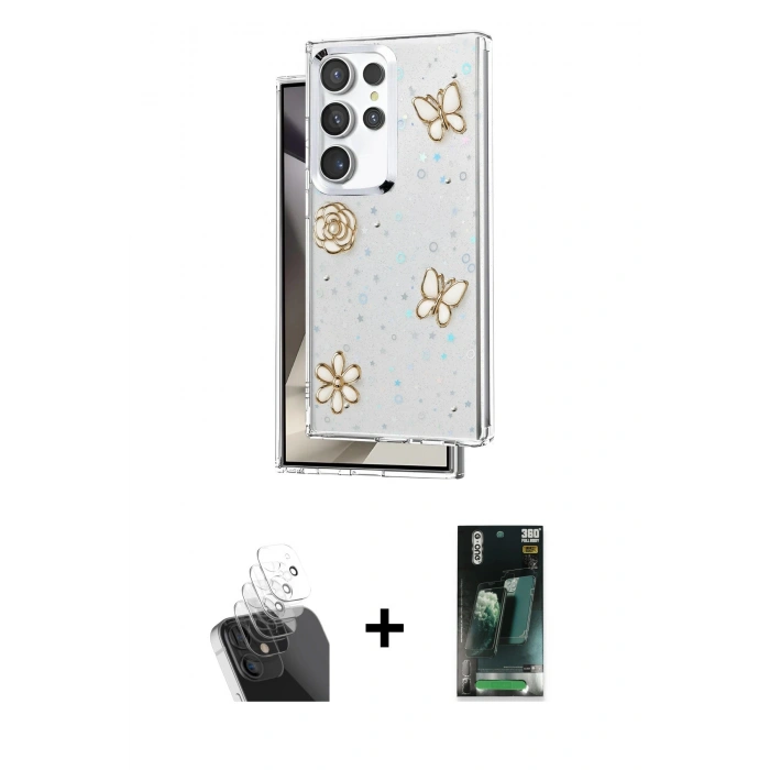 MARSİLYAN™- Galaxy S24 Ultra Kılıf Yörünge Form - Siyah 360 Mat Full Body Arka Koruyucu + Kamera Lens Koruma Cam - SF