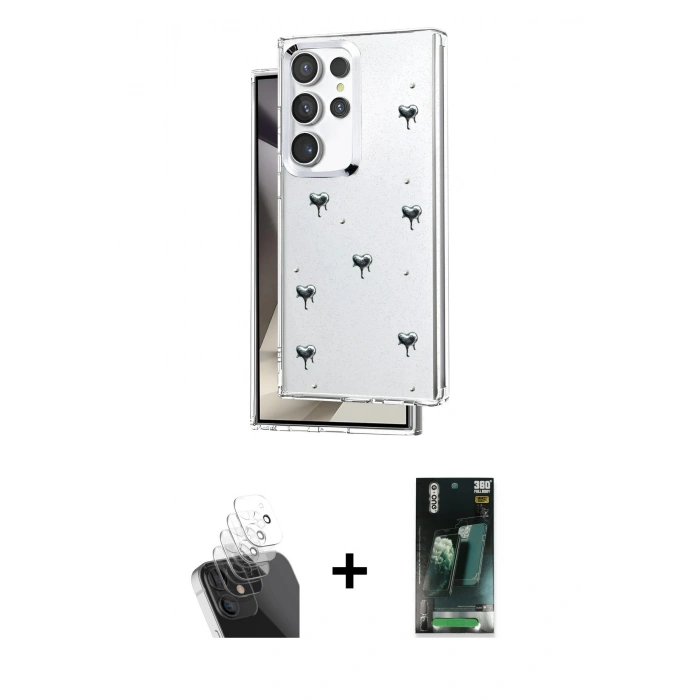 MARSİLYAN™- Galaxy S24 Ultra Kılıf Yörünge Form - Siyah 360 Mat Full Body Arka Koruyucu + Kamera Lens Koruma Cam - SF