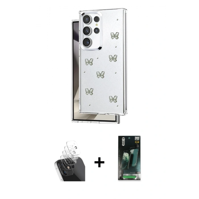 MARSİLYAN™- Galaxy S24 Ultra Kılıf Yörünge Form - Siyah 360 Mat Full Body Arka Koruyucu + Kamera Lens Koruma Cam - SF