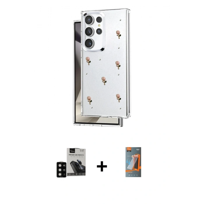 MARSİLYAN™- Galaxy S24 Ultra Kılıf Yörünge Form - Siyah AutoKit 5in1 Fiber Hayalet Polymer Nano Ekran Koruyucu + PVD Metal Kamera Lens - SH