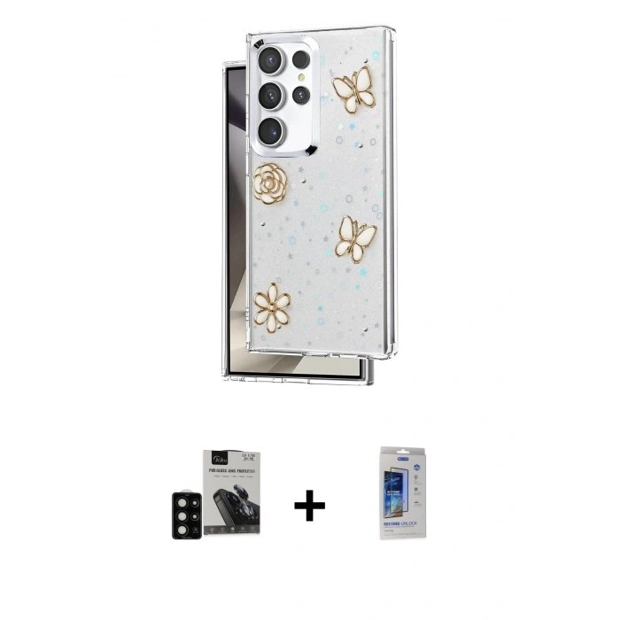 MARSİLYAN™- Galaxy S24 Ultra Kılıf Yörünge Form - Siyah Durable Full Glue Curved Cam + PVD Metal Kamera Lens - SH