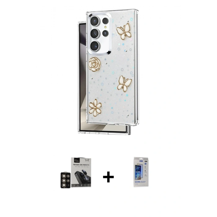 MARSİLYAN™- Galaxy S24 Ultra Kılıf Yörünge Form - Siyah Durable Full Glue Curved Hayalet Cam + PVD Metal Kamera Lens - GD