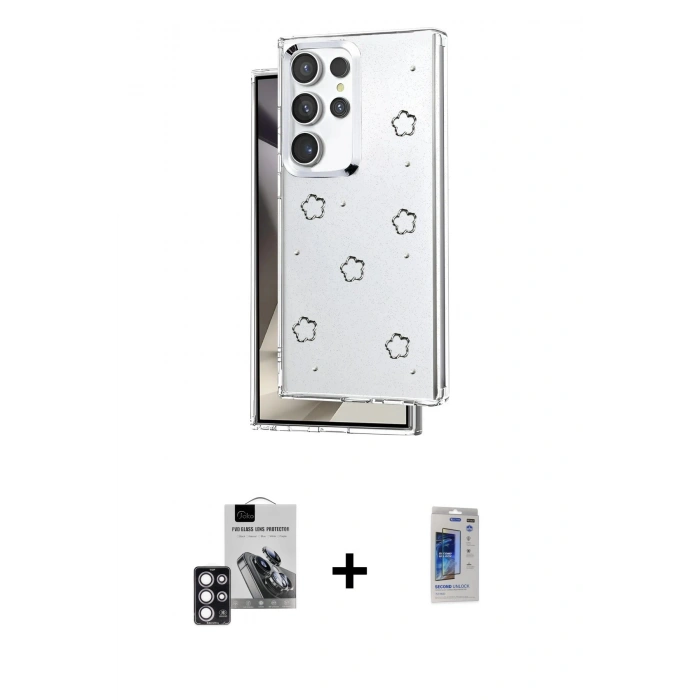 MARSİLYAN™- Galaxy S24 Ultra Kılıf Yörünge Form - Siyah Durable Full Glue Curved Hayalet Cam + PVD Metal Kamera Lens - PE