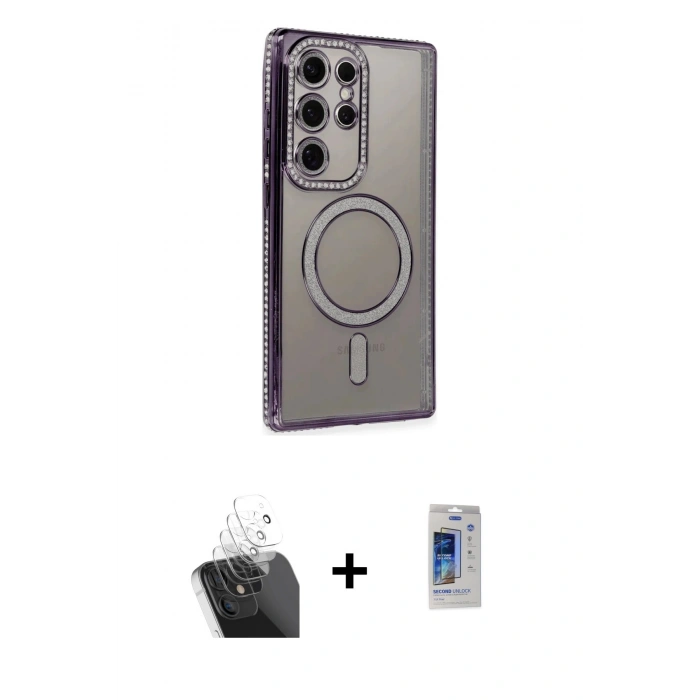 MARSİLYAN™- Galaxy S24 Ultra Kılıf Zirve Doku Prime - Siyah Durable Full Glue Curved Cam + Kamera Lens Koruma Cam - SF