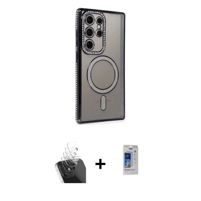 MARSİLYAN™- Galaxy S24 Ultra Kılıf Zirve Doku Prime - Siyah Durable Full Glue Curved Cam + Kamera Lens Koruma Cam - SF