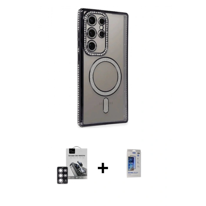 MARSİLYAN™- Galaxy S24 Ultra Kılıf Zirve Doku Prime - Siyah Durable Full Glue Curved Hayalet Cam + PVD Metal Kamera Lens - PE