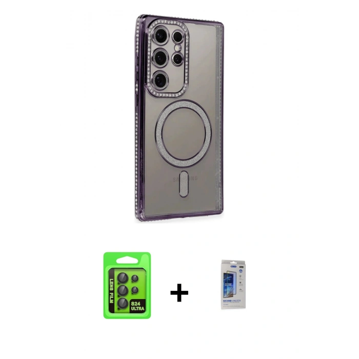 MARSİLYAN™- Galaxy S24 Ultra Kılıf Zirve Doku Prime - Siyah Durable Full Glue Curved Hayalet Cam + Raze Metal Kamera Lens - SH