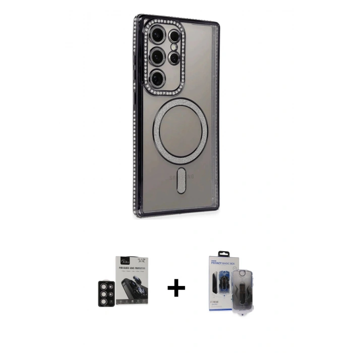 MARSİLYAN™- Galaxy S24 Ultra Kılıf Zirve Doku Prime - Siyah Vanessa Magic Hayalet Cam + PVD Metal Kamera Lens - DNMR