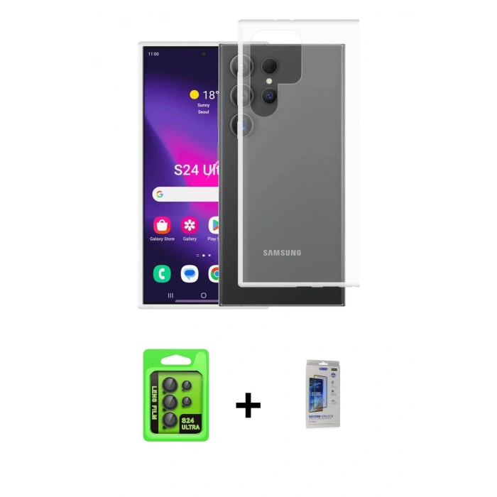 MARSİLYAN™- Galaxy S24 Ultra Kılıf Zirve Doku - Siyah Durable Full Glue Curved Hayalet Cam + Raze Metal Kamera Lens - SH