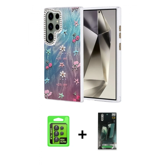 MARSİLYAN™- Galaxy S24 Ultra Kılıf Zirve Modern Prime - Siyah 360 Mat Full Body Arka Koruyucu + Raze Metal Kamera Lens - SH