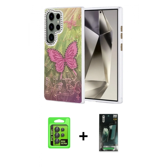 MARSİLYAN™- Galaxy S24 Ultra Kılıf Zirve Modern Prime - Siyah 360 Mat Full Body Arka Koruyucu + Raze Metal Kamera Lens - SH