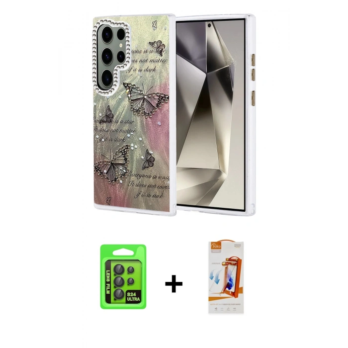 MARSİLYAN™- Galaxy S24 Ultra Kılıf Zirve Modern Prime - Siyah AutoKit 5in1 Fiber Polymer Nano Ekran Koruyucu + Raze Metal Kamera Lens - SH