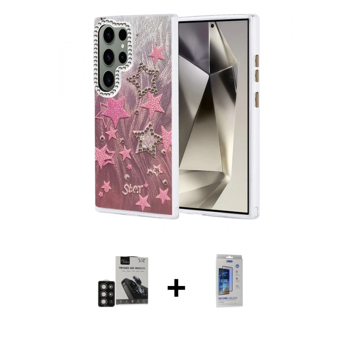 MARSİLYAN™- Galaxy S24 Ultra Kılıf Zirve Modern Prime - Siyah Durable Full Glue Curved Cam + Derin Mor PVD Metal Kamera Lens