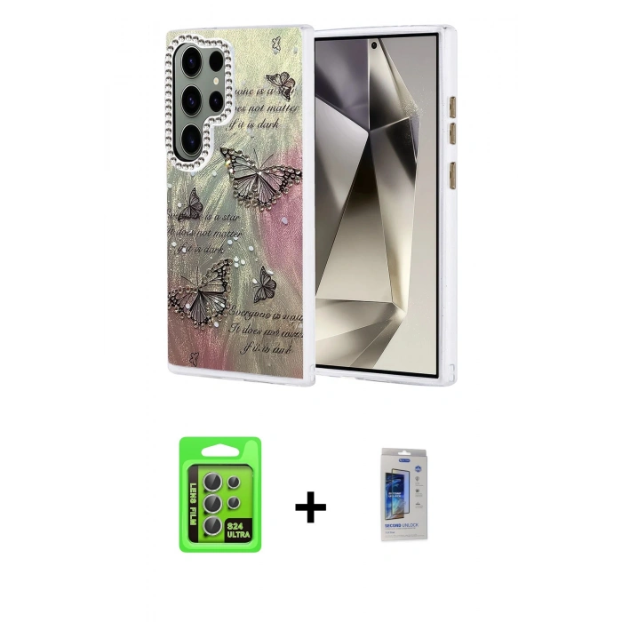 MARSİLYAN™- Galaxy S24 Ultra Kılıf Zirve Modern Prime - Siyah Durable Full Glue Curved Cam + Raze Metal Kamera Lens - GS