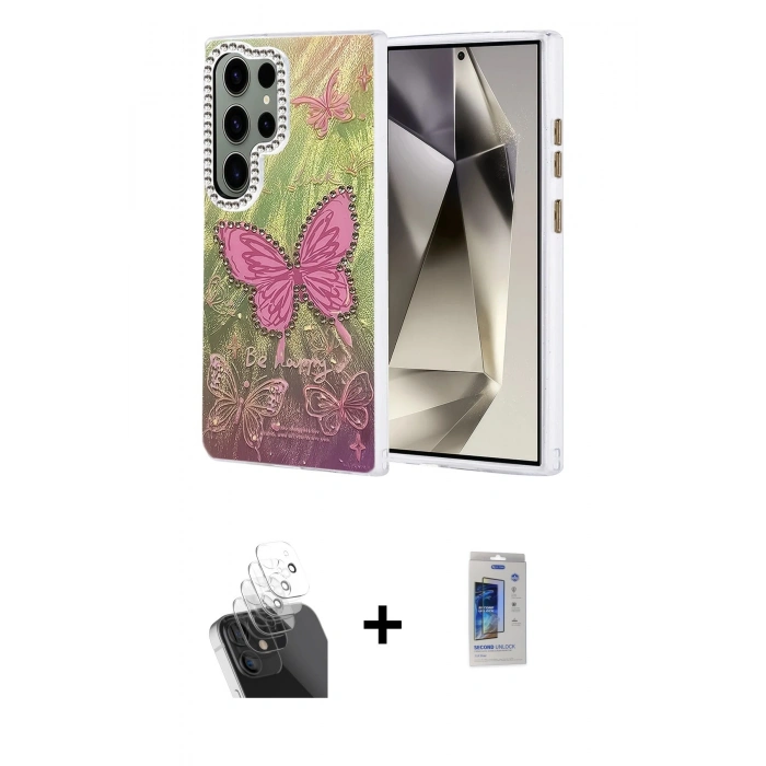 MARSİLYAN™- Galaxy S24 Ultra Kılıf Zirve Modern Prime - Siyah Durable Full Glue Curved Cam + Kamera Lens Koruma Cam - SF