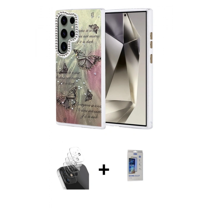 MARSİLYAN™- Galaxy S24 Ultra Kılıf Zirve Modern Prime - Siyah Durable Full Glue Curved Cam + Kamera Lens Koruma Cam - SF
