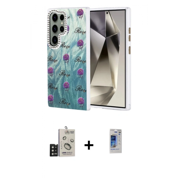 MARSİLYAN™- Galaxy S24 Ultra Kılıf Zirve Modern Prime - Siyah Durable Full Glue Curved Hayalet Cam + Bilvis Titan Kamera Lens - SH