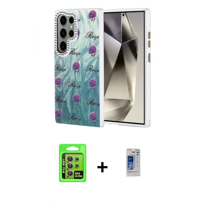 MARSİLYAN™- Galaxy S24 Ultra Kılıf Zirve Modern Prime - Siyah Durable Full Glue Curved Hayalet Cam + Raze Metal Kamera Lens - SI