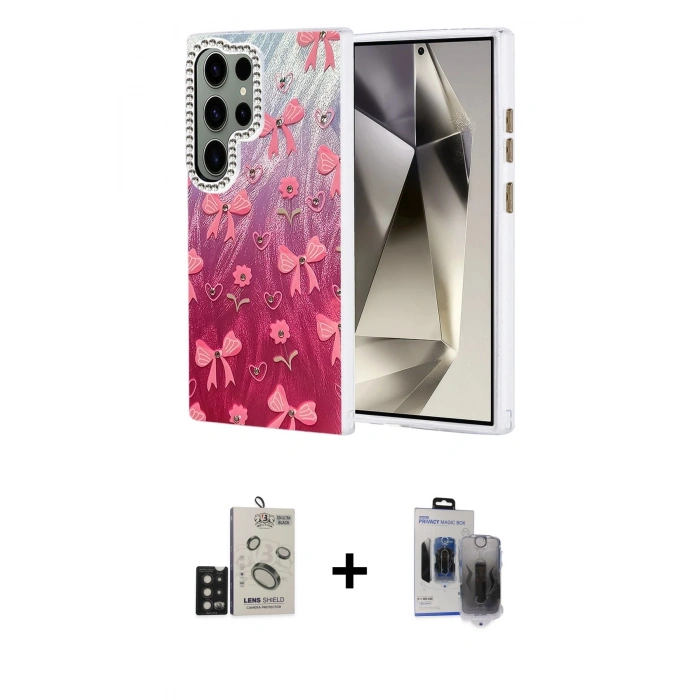 MARSİLYAN™- Galaxy S24 Ultra Kılıf Zirve Modern Prime - Siyah Vanessa Magic Hayalet Cam + Bilvis Titan Kamera Lens - SH