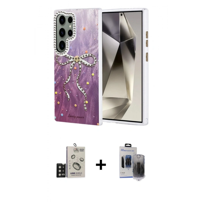 MARSİLYAN™- Galaxy S24 Ultra Kılıf Zirve Modern Prime - Siyah Vanessa Magic Hayalet Cam + Bilvis Titan Kamera Lens - SH
