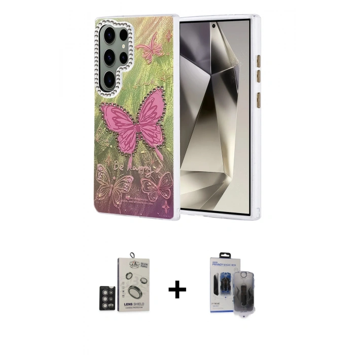 MARSİLYAN™- Galaxy S24 Ultra Kılıf Zirve Modern Prime - Siyah Vanessa Magic Hayalet Cam + Bilvis Titan Kamera Lens - DNMR